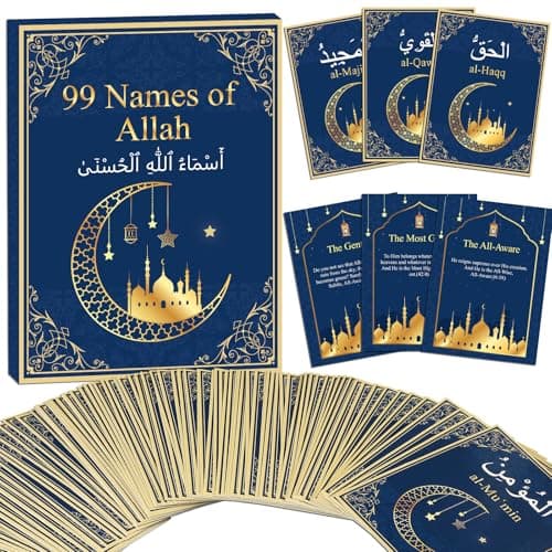 99 Names of Allah Flashcards Quran Verses Asma UI Husna Cards Eid Al Adha Learning Cards in Arabic and English Eid or Ramadan Gifts for Family Friends 5731 InchesBlue and Gold