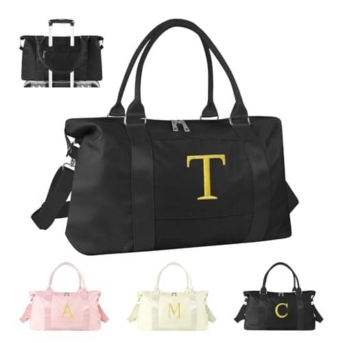 Personalized Initial Gym Dance Bag Travel Duffel Bag for Teen Girls Carry On Bag Overnight Weekender Bag with Trolley Sleeve Birthday Gifts for Women Mom Daughter Graduation GiftLetter T Black