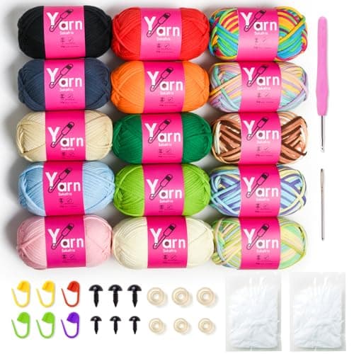15 Pack Crochet Yarn Beginner - Black, White, Orange, Red, Green, Rainbow, Pink, Yellow Cotton Chunky Yarn - with Easy-to-See Stitches for Crocheting (15 * 50g)