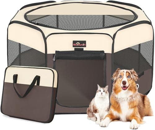 Aivituvin Dog Playpen Foldable Pet Play Pens with Carrying Bag for Cat Puppies Rabbits Portable Dog Tent Crates Cage for Travel Camping Indoor Outdoor Removable Shade Cover Brown L