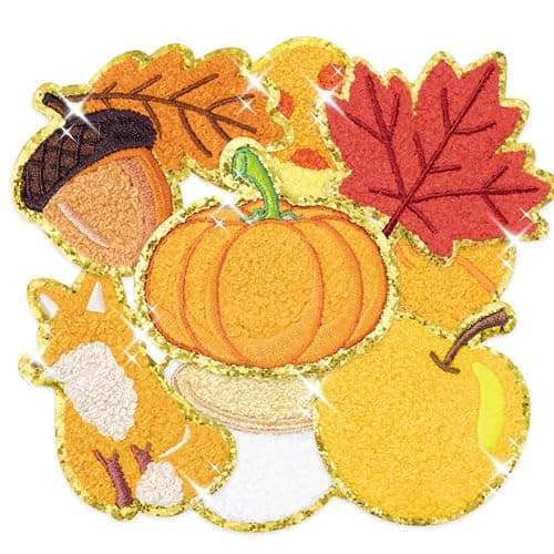 8 Pcs Fall Iron on Patches Glitter Thanksgiving Pumpkin Maple Leaves Chenille Sew on Repair Embroidered Applique Autumn Harvest Seasonal Holiday DIY Crafts Decorative Gifts for Clothing Backpack Hat