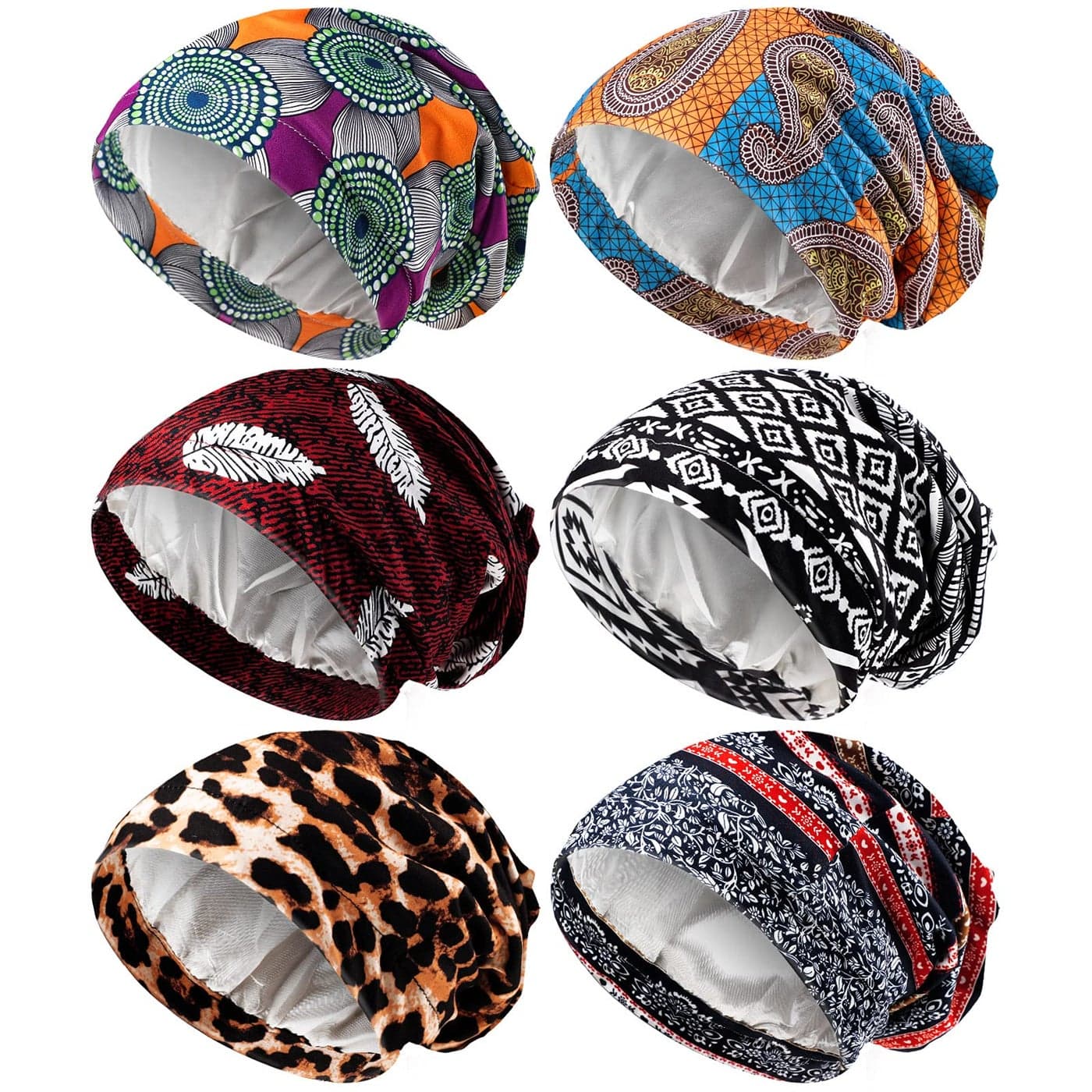 Sintege 6 Pcs Satin Lined Bonnet Sleep Cap for Women Men African Silk Soft Beanie Hair Sleep Wrap for Natural Curly BraidsElegant Patterns