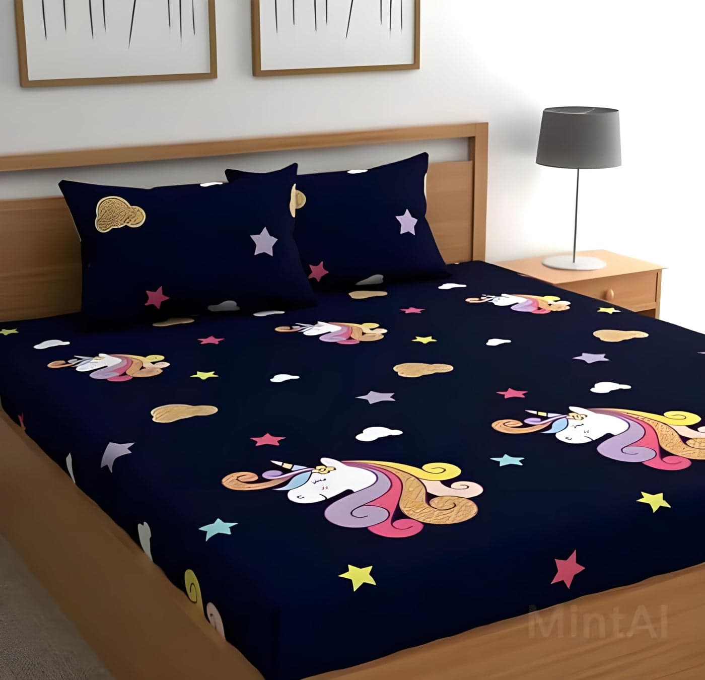RAREBIRD 100% King Size Glace Cotton Feel 210 Tc All Over Elastic Fitted Size (72"x78"x8" inch) Printed Double Bedsheet with 2 Pillow Covers_ (Navy Print)