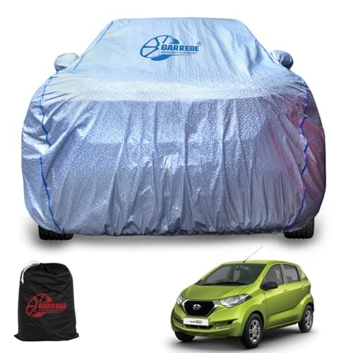 GARREGE Datsun Redi-GO Car Body Cover for Waterproof with Mirror Pocket and Soft Cotton Lining Elacstic in Four Places Triple Stitched (Metallic Silver Blue Piping Style)