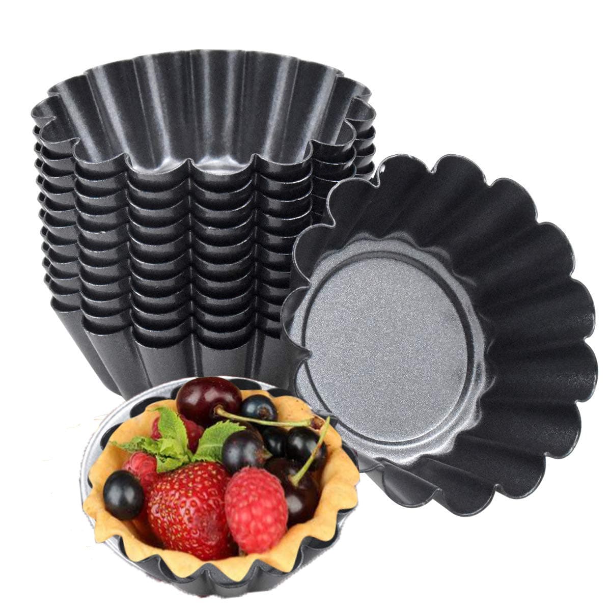 Fangehong 14 Pack Egg Tart Mold Baking Cups NonStick Flower Muffin Case Resuable Cupcake Tart Mould Carbon Steel Mini Tartlet Tins for PuddingPan Baking BakewareCookies Cake Tool 75 x 23cm