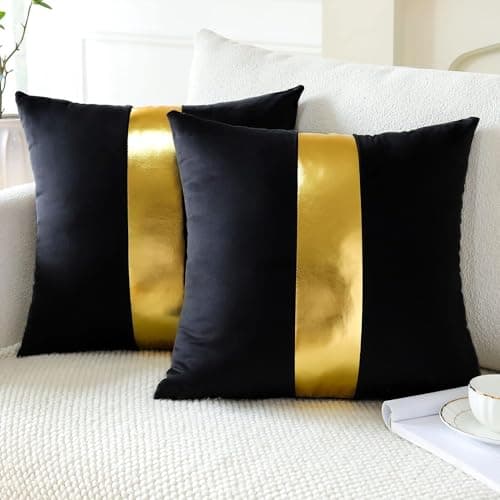 AEROHAVEN™ Set of 2 Premium Velvet with Gold Stripes Decorative Throw Pillow/Cushion Covers with Invisible Zipper - (16 x 16 Inch, Black)
