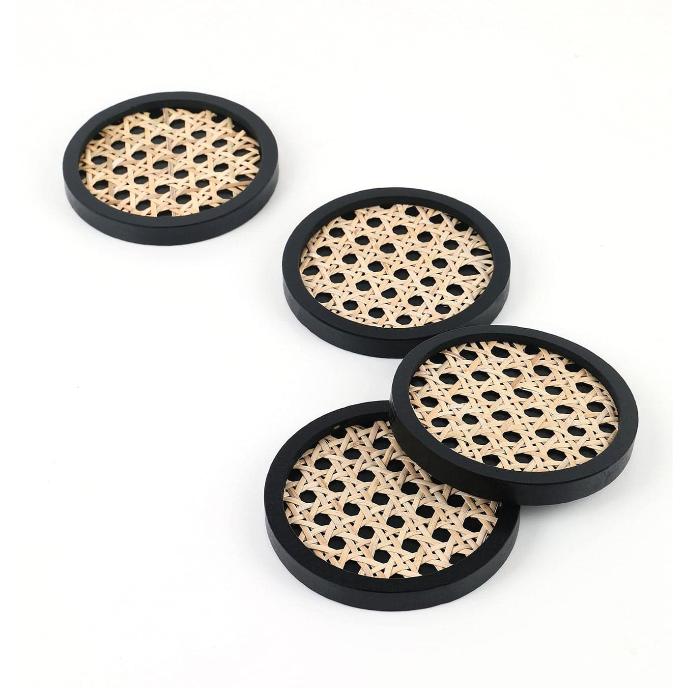 Unique Wooden Rattan Coasters Stylish Rattan Decor to Protect Surfaces Set of 4 Classic Black Coasters for Drinks Natural Handwoven Design Round