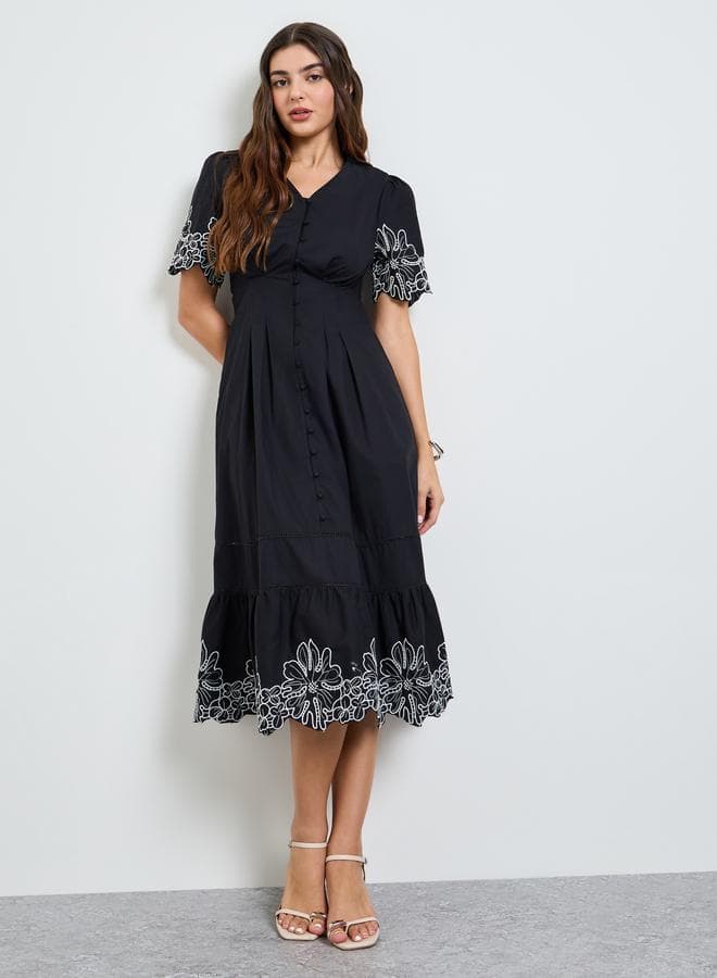 Black Contrast Embroidered A-Line Midi Dress