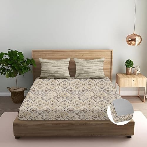 Trance Home Linen 100% Cotton 180 TC Bedsheet | Printed Fitted Bedspread with 2 Pillow Covers (84x78 inch, Silken Mosaic Taupe)