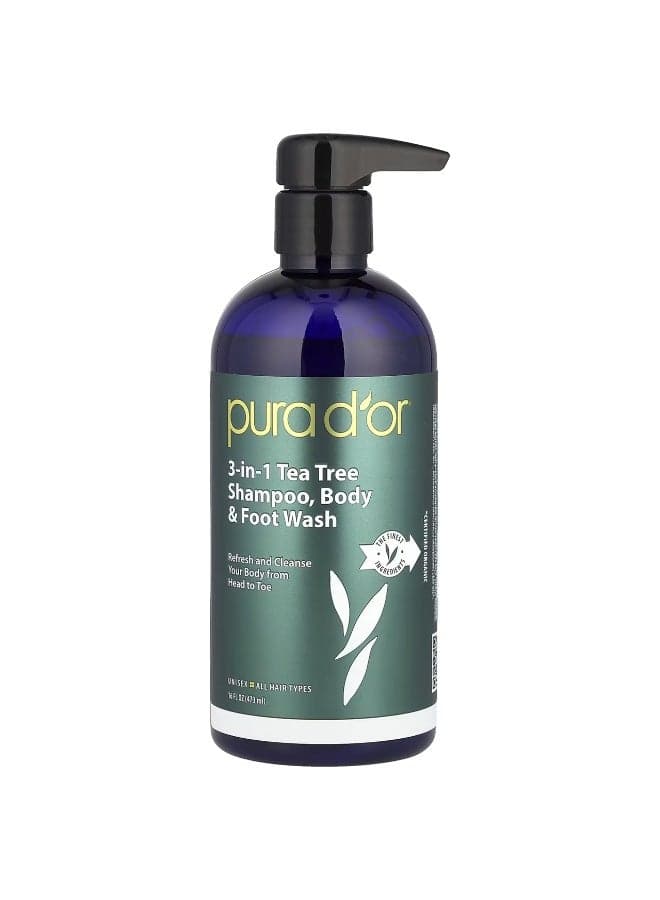 Pura D'or, 3-in-1 Tea Tree Shampoo, Body & Foot Wash, All Hair Types , 16 fl oz (473 ml)