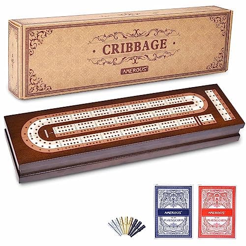 AMEROUS Wooden Cribbage Board Game Set with Magnetic Lock Metal Pegs 2 Playing Cards Continuous 3 Track Board Larger Storage Area Travel Portable Cribbage Game Sets for Family