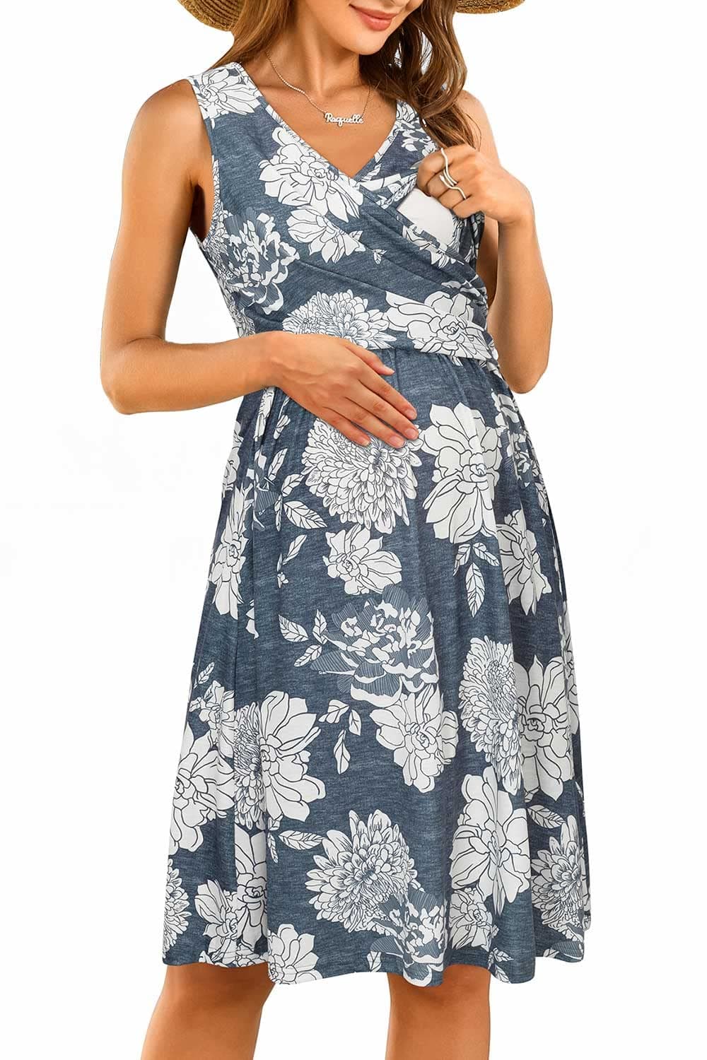 OUGES Womens V-Neck Sleeveless Summer Floral Maternity Dresses Nursing Gown Breastfeeding Clothes(Floral18,M)