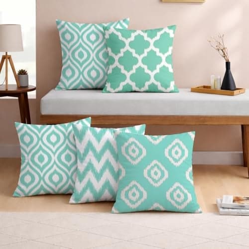STITCHNEST Set of 5 Polycotton Cushion Covers – 18x18 Inches – Teal & White Ikat Geometric Print – Elegant Cushion Covers for Sofa & Living Room | Perfect for Home Decor
