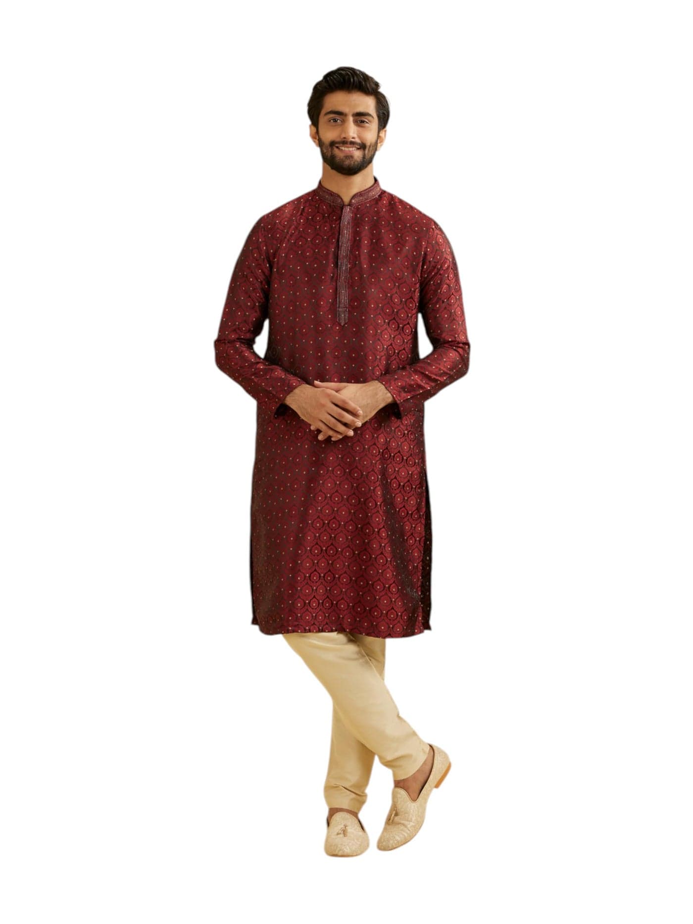 Manyavar Men's Brocade Self Design Kurta Set (Maroon,XL)
