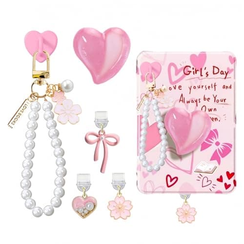 6PCS Charms Set Compatible with Kindle, Accessories Including Dust Plug Charm Type C/USB C, Charm Chain with Hook, Heart Grip Holder, Compatible with Kindle Paperwhite 11th 12th Generation(Pink)