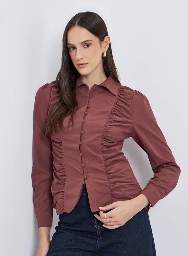 Styli Brown Ruched Front Long Sleeve Shirt — XXL