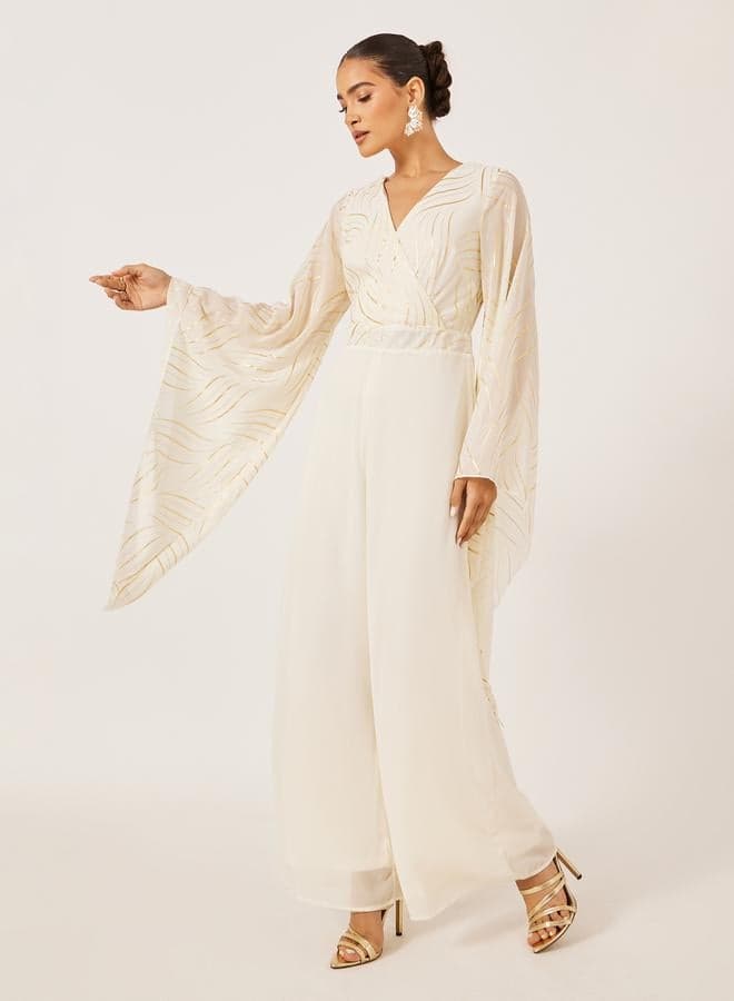 Cream Foil Print Wide Leg Jumpsuit