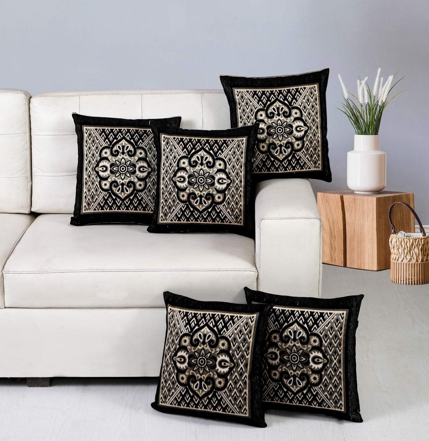 Nendle Jacquard Weaved Decorative Velvet Cushion Cover/Sofa Pillow Cover 500 TC Set Of 5 Pieces (Black, 16X16 Inches)