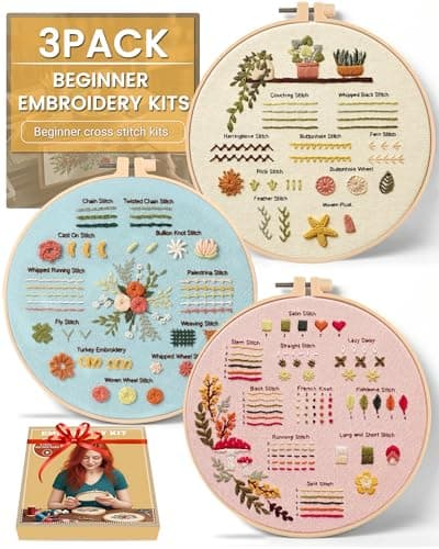 Beginner Embroidery Kit for Adults 3 Pack with PrePrinted Patterns Learn Basic Stitches with StepbyStep Video Tutorial Needles Tools Included 78 Hoop Floral Garden DIY Craft Gift