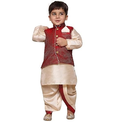 AJ DEZINES Dhoti Kurta Set for Boys | Comfortable Ethnic Wear | Cotton Full Sleeve Boy Ethnic Outfit | Kids Wear for Weddings & Festivals | Stylish Dress with Woven Waistcoat | Regular Fit | MAROON-0