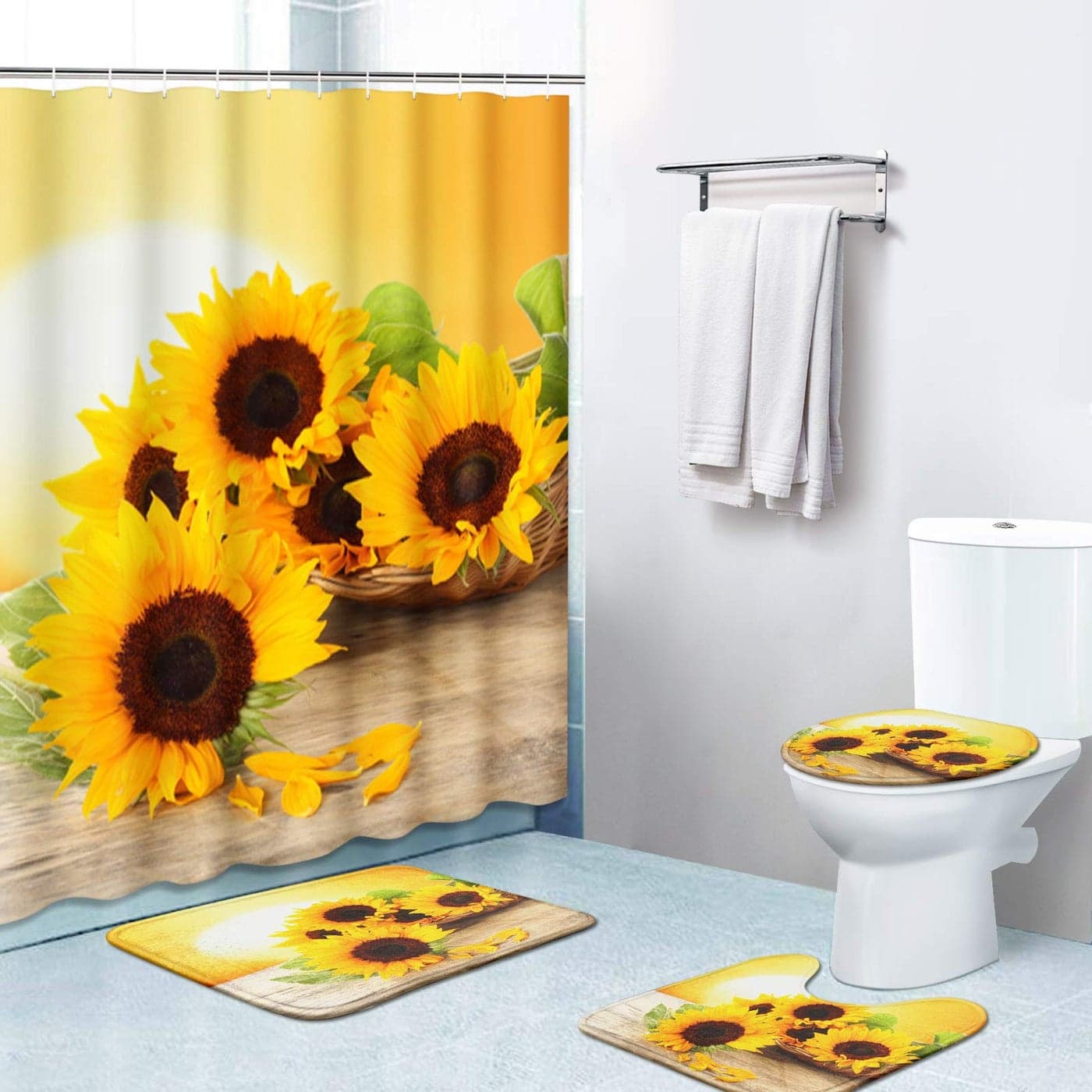Britimes 4 Piece Shower Curtain Sets with 12 Hooks Summer Sun Sunflower with NonSlip Rugs Toilet Lid Cover and Bath Mat for Bathroom Decor Set 72 x 72