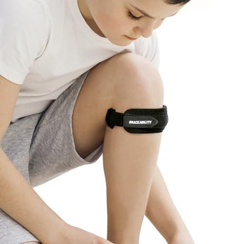 BraceAbility Kids Knee Band - Youth Patellar Tendon Support Strap Child Osgood Schlatter Brace for Jumpers Knee, Patella Tendonitis, Sports Wrap for Running, Soccer, Volleyball, Basketball (S)