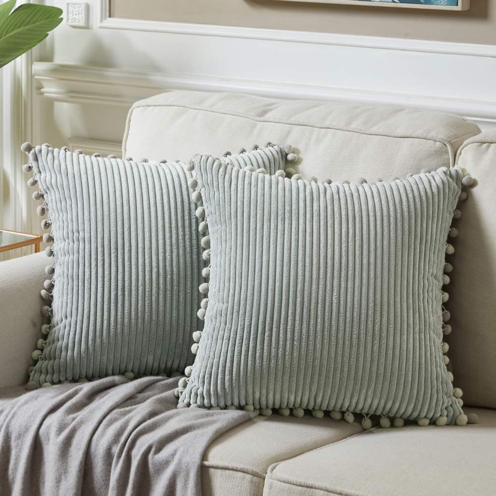 Fancy Homi Pack of 2 Farmhouse Decorative Throw Pillow Covers with Pompoms Soft Corduroy Accent Solid Square Cushion Case Set for Couch Sofa Bedroom Car Living Room 18x18 Inch45x45 cm Grey