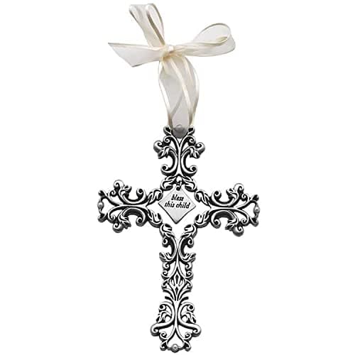 Cathedral Art Bless This Child White Ribbon Baby Cross, 5-Inch High, Silver