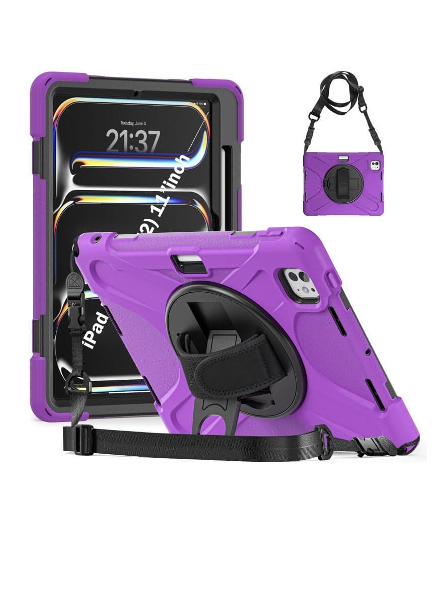 Suitable for 13-inch iPad Pro (M4) pen slot shockproof protective case with 360-degree rotatable bracket and hand strap