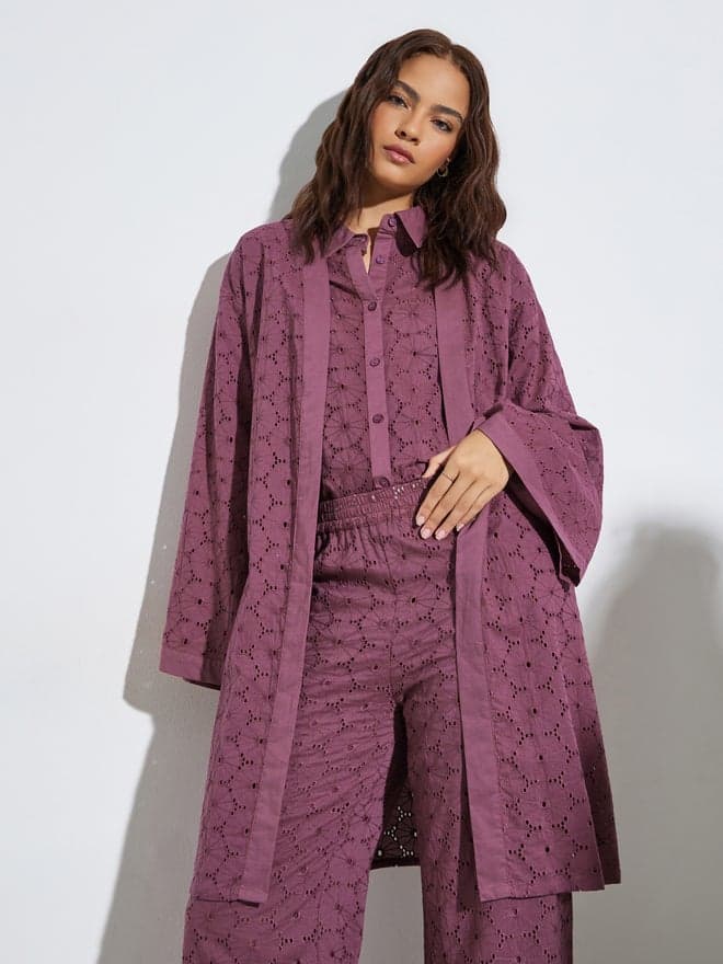 Styli Purple Schiffli Knee Length Kimono