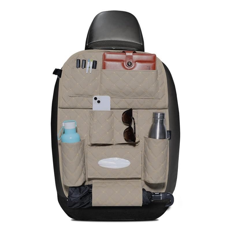 Neodrift 'Seat Master' Premium 7D Car Seat Organizer, Universal Fit, Multi-Pocket Storage for Bottles, Documents, Mobile, Keys, Tissues (Beige)