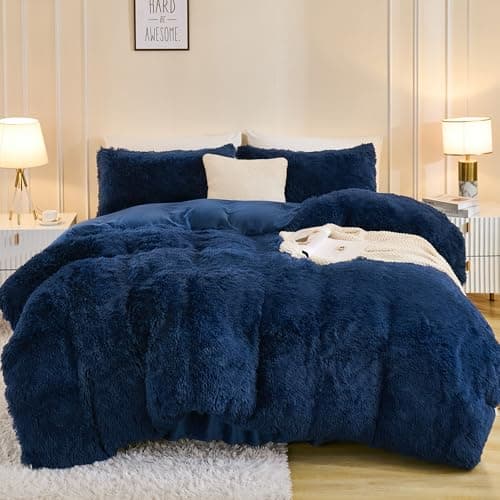 Andency Fluffy Navy Blue Comforter Set King Size, 3 Pieces Winter Faux Fur Warm Soft Fuzzy Plush Bedding Comforter Set (1 Velvet Comforter & 2 Pillowcases), Thick Heavy Comfy Comforters Bedding Set