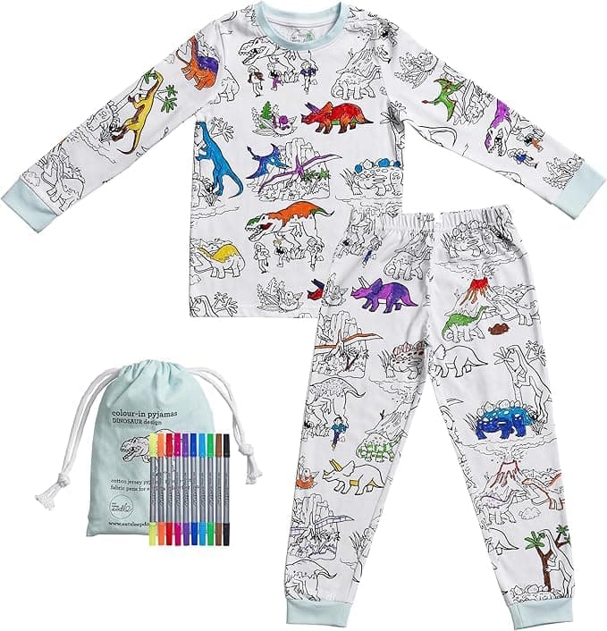 eatsleepdoodle Kids Coloring Pajama Set – DIY Wearable Art Dinosaur Pajamas for Boys, Includes Washable Markers, Fun Creative Sleepwear for Art & Playtime, Cotton, Reusable, Gift Idea for kids