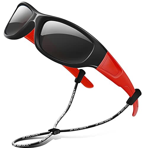 RIVBOS Kids (Age 3-8) Sunglasses Polarized UV Protection Flexible Rubber Glasses Shades with Strap for Boys Girls RBK037-Black&Red