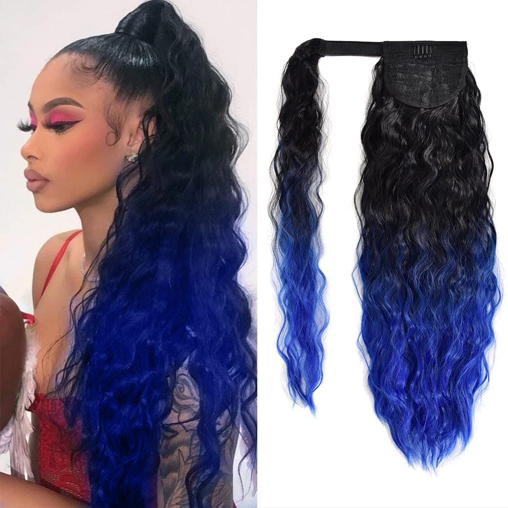 Corn Wave Ponytail Extension Clip in 22 Inch Long Wavy Curly Wrap Around Pony Tail Synthetic Ponytail Hair Extainson for Women Natural Black to Blue