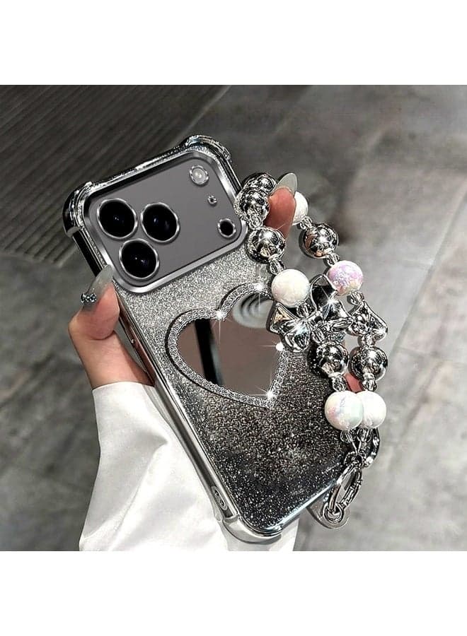 Case for iPhone 17 Pro Max,Shine Bow Wrist Strap,Sparkly Heart Makeup Mirror,Elegant Bling Gradient iPhone 17 Pro Max Cover