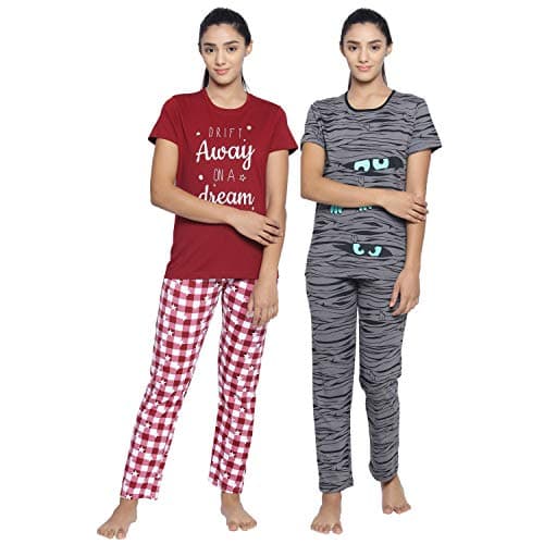 Real Basics Women's Cotton Checkered Pajama Set Pack of 2(RB-W-PS-XL-P2-(Check+Grey)_Multi-Coloured_X-Large)