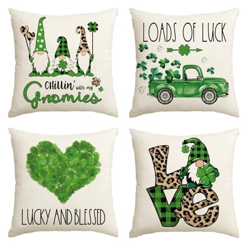 AVOIN colorlife ST Patricks Day Love Gnomes Truck Clover Throw Pillow Covers, 18 x 18 Inch Loads of Luck Lucky Shamrocks Decoration for Sofa Couch Set of 4