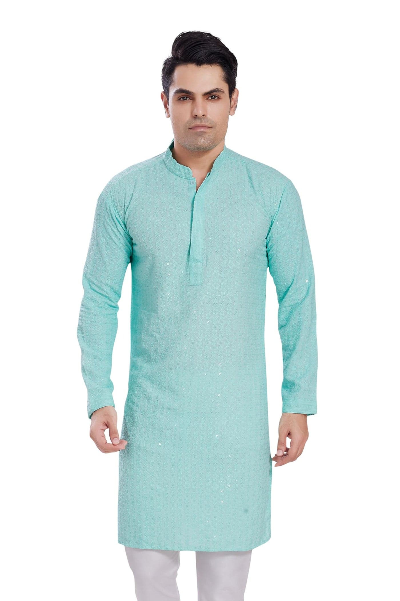 DIVISIVE Men's Sequince Embroidered Cotton Blend Only Slim Fit Kurta (DKRT511_L_Sky)