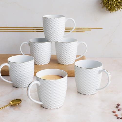 The Earth Store Wave Bone China Tea Cups Set of 6 | Coffee Cups | Chai/Tea Cups | Microwave and Dishwasher Safe | Perfect for Every Occasion, Diwali Gifts for Family and Friends | 200ML