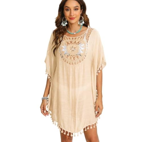SANNIDHI® Beach Wear Dress for Women Crochet Cover Up for Women Plus Size Fringe Hollow Out Tassel Bikini Beach Dress for Woman Sheer Retro Swimwear Coverup for Summer Vacation, Poolside & Resort Wear