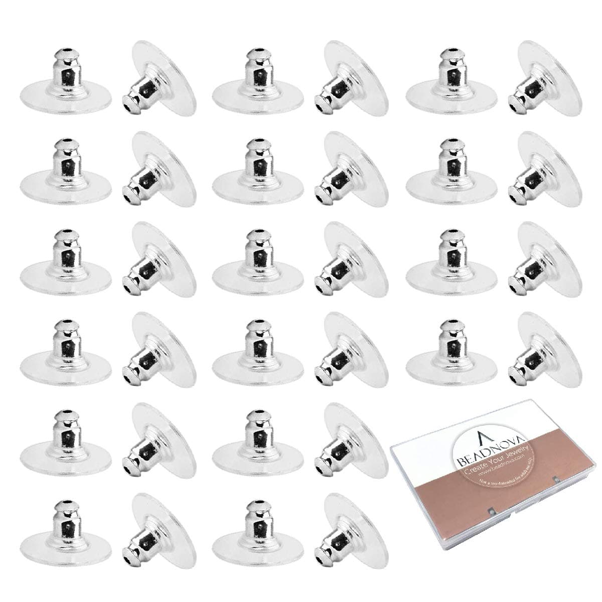BEADNOVA Earring Backs Replacements Earring Backing Silver Plated Pierced Hypoallergenic Ear Stud Backs Stoppers Safety Bullet Clutch Earstud Backings with Pad for Posts 120pcs