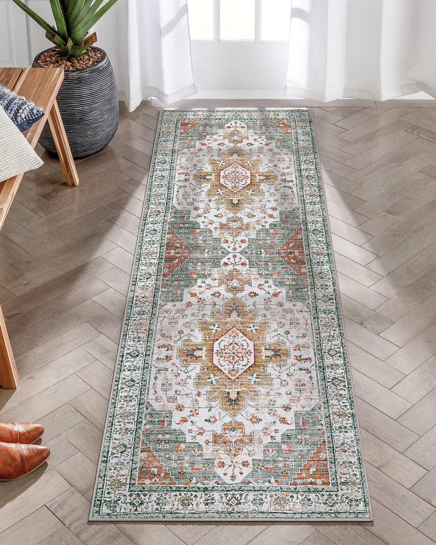 Moynesa Ultra-Thin Washable Runner Rug - 2x6 Bathroom Runner Washable Laundry Room Rug Printed Entryway Carpet Runner, Vintage Pet Friendly Low Pile Runners for Living Bedroom Kitchen, Beige/Gold