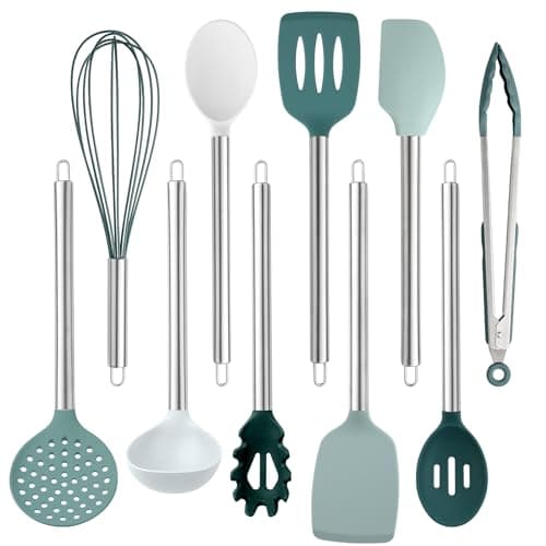 COOK WITH COLOR Silicone Cooking Utensils Kitchen Utensil Set Easy to Clean Silicone Kitchen Utensils Cooking Utensils for Nonstick Cookware Kitchen Gadgets Set 10 Pieces Teal