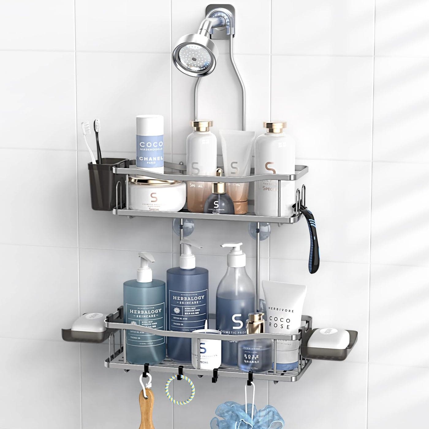 Aitatty Hanging Shower Caddy Bathroom Organizer Rustproof Shower Shelf Racks Over Shower Head No Drilling Inside Bath Shower Rack Shelves Over Showerhead for Shampoo with Soap Holder Silver
