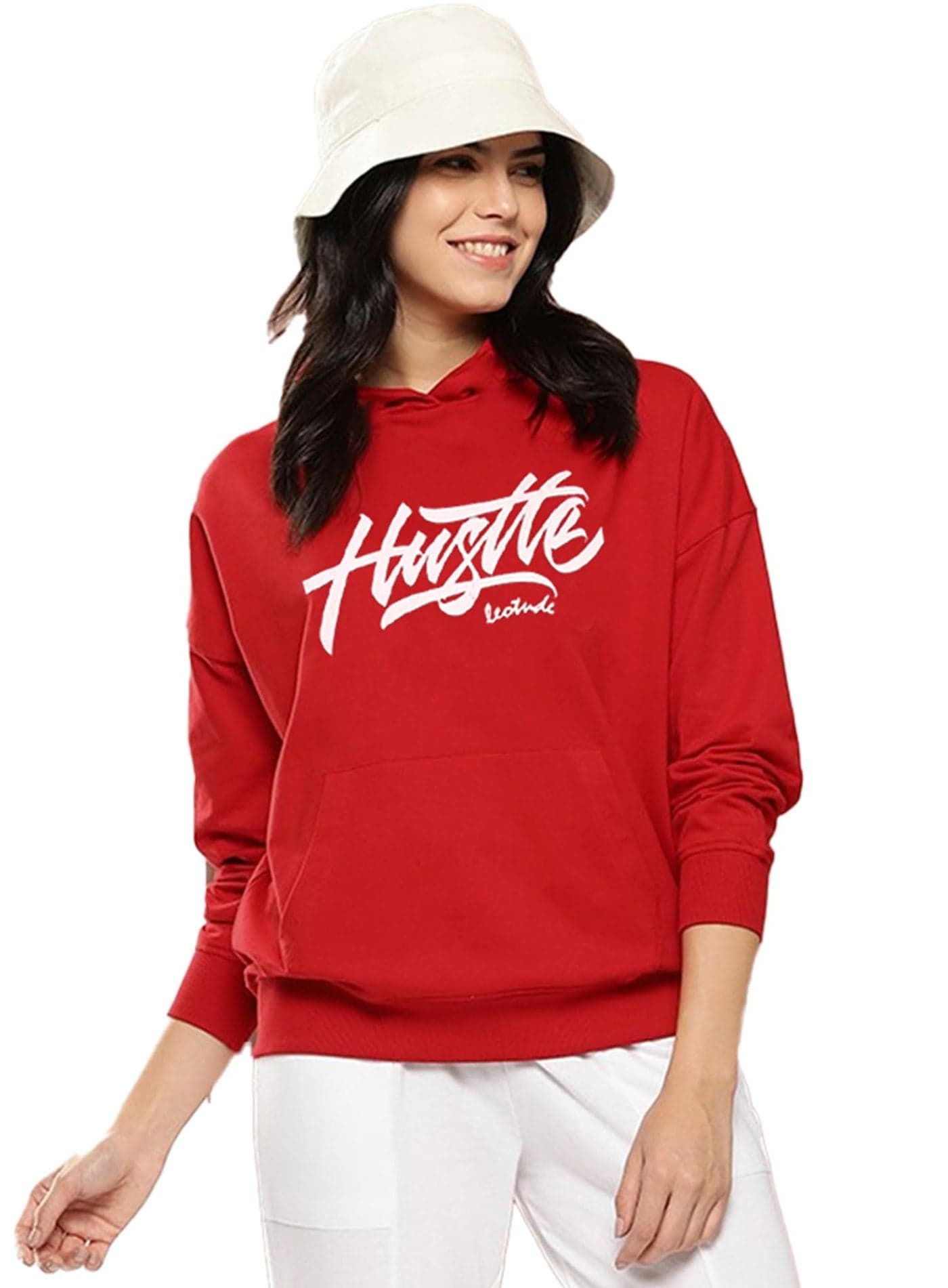 LEOTUDE Women's Oversized Hooded Neck Loopknit Sweatshirt (GRL_W88_RED_Hustle_P_Red_XL)