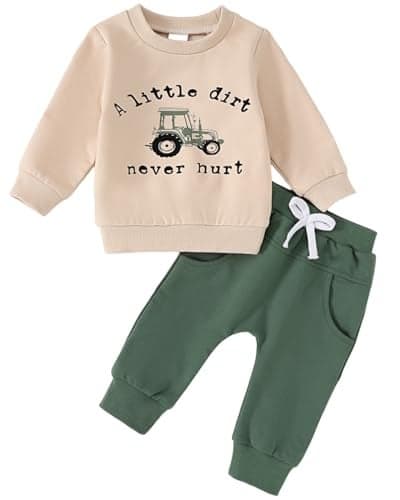 Yvowming Baby Boy Clothes Fall Clothes Truck Print Long Sleeve Pullover Tops + Pant Sets Toddler Winter Outfits (Khaki, 2-3T)