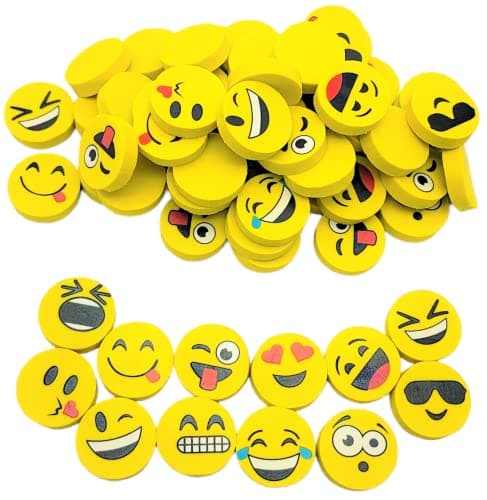 Yellow 1 Inch Fun Emoticon Smiley Face Round Erasers 72 Pack 1 Fidget Fun Rubber Erasers Games Home School Work Incentive