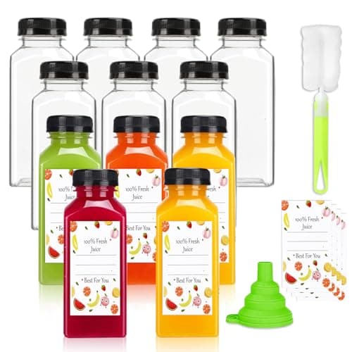 Plastic Juice Bottles with Caps 12 pcs 12oz Reusable Juice Containers with Tamper Proof Lids Black Clear Bottles for Juicing Milk Smoothie Drinking and Other Beverages Christmas Gifts