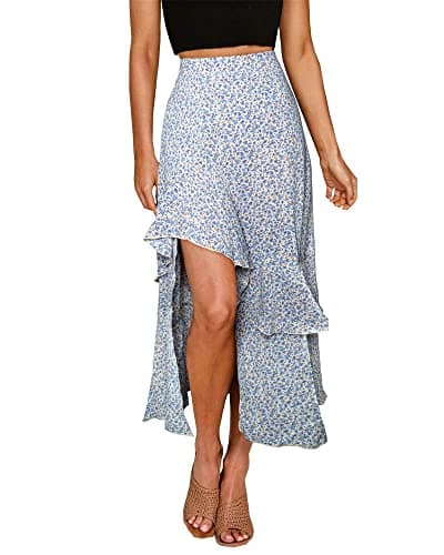 BTFBM Women 2025 Summer Spring Boho Long Skirts Dress Floral Print Elastic Waist Split Ruffle High Low Beach Maxi Skirt(Z-Light Blue, Small)